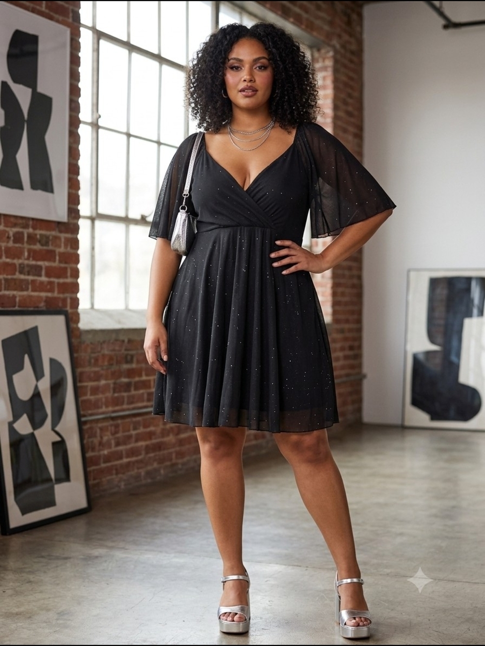 SHEIN Curve Black Glitter Mesh Sleeve Wrap Dress Plus Size 2XL Cocktail Party